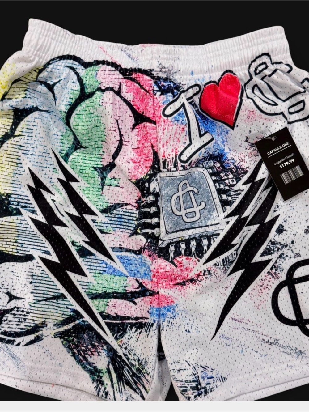 Graphic Mesh Shorts I ❤ CPR- White with Multicolor Print | NWT Large